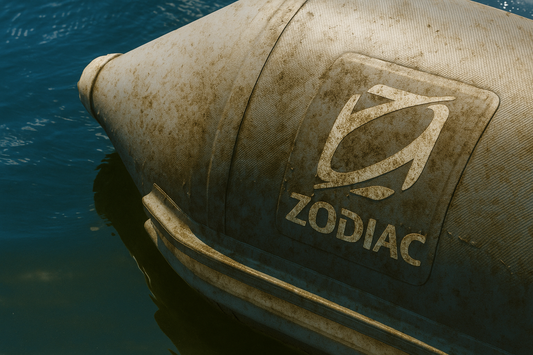 Vervuilde Zodiac rubberboot op het water – voorbeeld van reiniging met Blue Marine producten